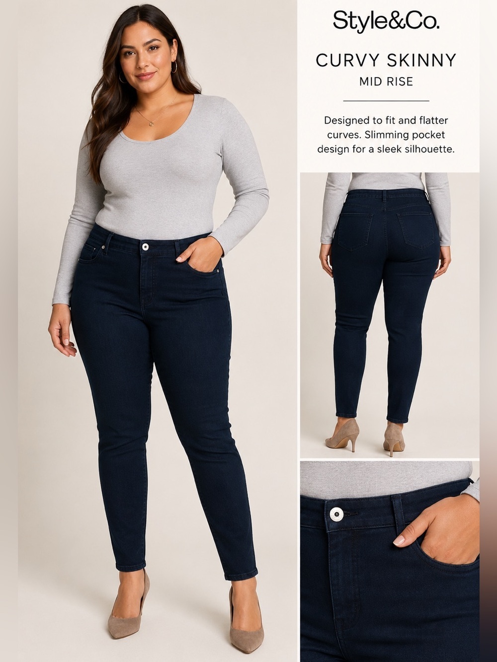 Style & Co Curvy Skinny Jeans Dark Wash Mid Rise Size 14 NWT